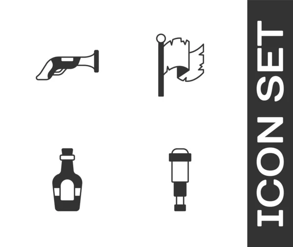 Set lente telescopio Spyglass, pistola Vintage, bebida alcohólica Ron y bandera pirata icono. Vector — Vector de stock
