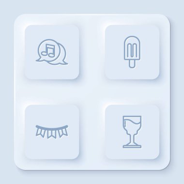 Konuşma balonunda müzikal nota, dondurma, bayraklı karnaval çelengi ve şarap kadehi. Beyaz kare düğme. Vektör