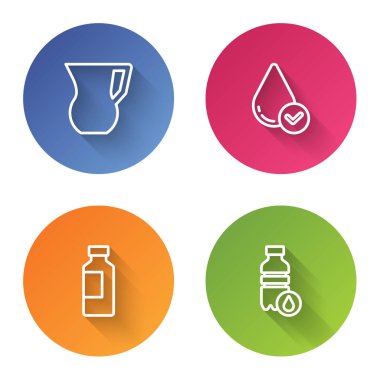 Bardağı suyla doldurun, su damlası, bir şişe ve... Renkli daire düğmesi. Vektör