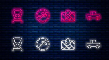 Hat: Sigara içilmez, haritalı GPS cihazı, yüksek hızlı tren ve araba. Tuğla duvarda parlayan neon simgesi. Vektör