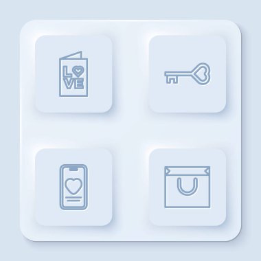 Sevgililer Günü partisi broşürü, anahtar kalp şekli, online randevu uygulaması, sohbet ve alışveriş çantası. Beyaz kare düğme. Vektör