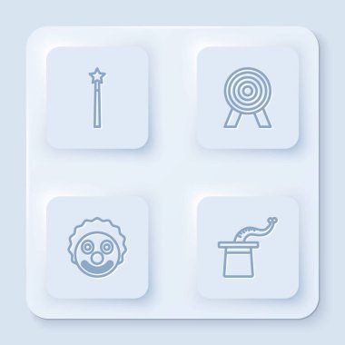 Sihirli değnek, hedef, palyaço kafası ve sihirbaz şapkası. Beyaz kare düğme. Vektör