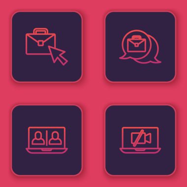 Çevrimiçi çevrimiçi çalışma, görüntülü sohbet konferansı ve kamera kapalı dizüstü. Mavi kare düğme. Vektör