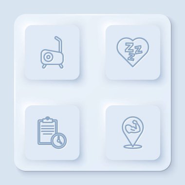 Sabit bisiklet, Uykucu, Spor Eğitim Programı ve vücut geliştirici kas gücü. Beyaz kare düğme. Vektör