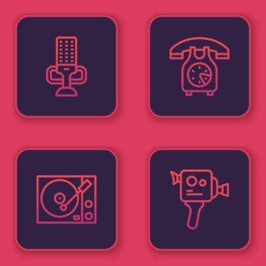 Set hattı mikrofon, vinil çalar, telefon ahizesi ve Retro sinema kamerası. Mavi kare düğme. Vektör