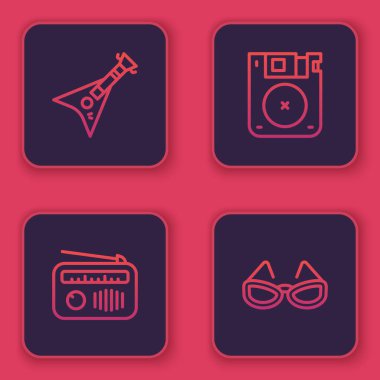 Elektro bas gitar, antenli radyo, disket ve gözlüklü radyo. Mavi kare düğme. Vektör