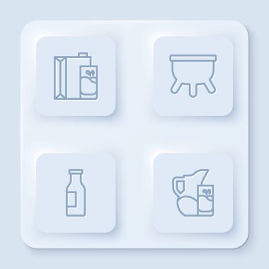 Süt, süt, şişe ve sürahi sürahi ve bardak için kağıt paketi hazırlayın. Beyaz kare düğme. Vektör