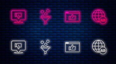 Hat Yönetimi, Müşteri Ürünleri Derecelendirmesi, Konuşma Balonu ve Reklamcılıktan Hoşlanmama. Tuğla duvarda parlayan neon simgesi. Vektör