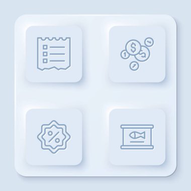 Alış veriş listesi, dolarla birlikte madeni para, indirimli yüzde etiket ve konserve balık. Beyaz kare düğme. Vektör