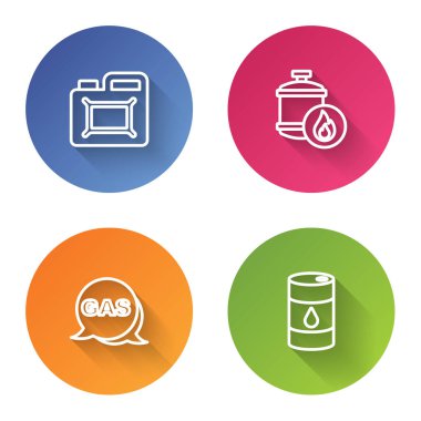 Motor yağı, propan gazı deposu, konum, istasyon ve fıçı için boru hattı kurun. Renkli daire düğmesi. Vektör