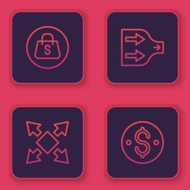 Satış torbası, birçok yönlü ok, Arrow ve Dolar sembolü. Mavi kare düğme. Vektör