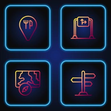 Yol trafik işaretleri, şehir haritası navigasyonu, kafe ve restoran konumu ayarlayın. Renk simgeleri. Vektör