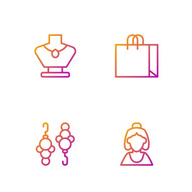 Kuyumcu, küpe, kolye mankeni ve alışveriş çantası danışmanı. Renk simgeleri. Vektör