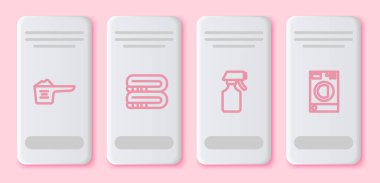 Halat temizleme tozu, havlu yığını, su püskürtme şişesi ve çamaşır makinesi. Beyaz dikdörtgen düğme. Vektör