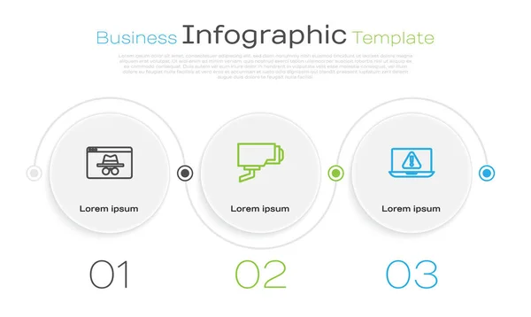 Definir linha Navegador janela incógnita, Câmera de segurança e laptop com ponto de exclamação. Modelo de infográfico de negócios. Vetor — Vetor de Stock