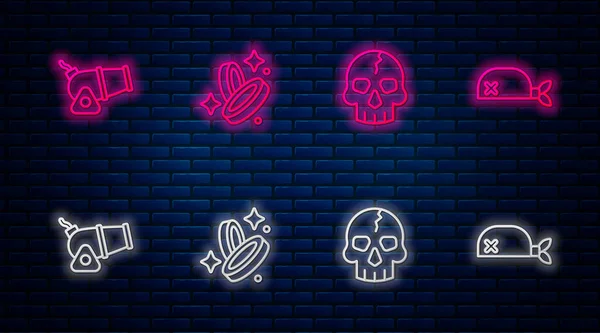 Set ligne pièce de Pirate, Crâne, Canon et bandana pour la tête. Icône lumineuse au néon sur le mur de briques. Vecteur — Image vectorielle