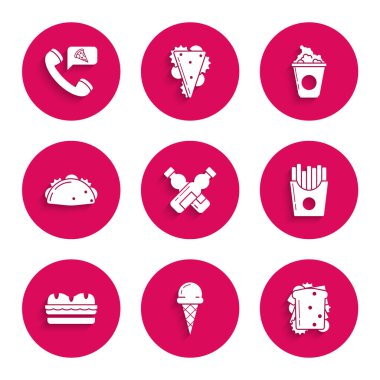 Çapraz su şişesi, waffle külahında dondurma, sandviç, patates kızartması karton paket Taco, tortilla, patlamış mısır karton ve pizza siparişi ikonu. Vektör