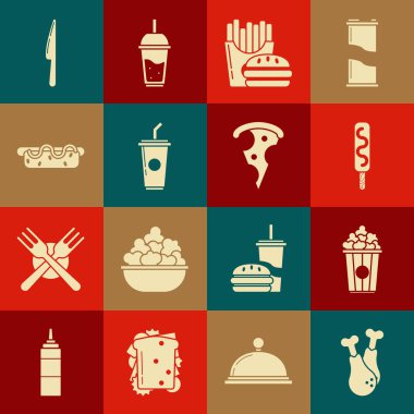 Tavuk budu, karton kutuda patlamış mısır, dondurma, hamburger ve patates kızartması paketi, saman suyu ile kağıt bardak, Hotdog sandviçi hardalı, bıçak ve pizza ikonu. Vektör
