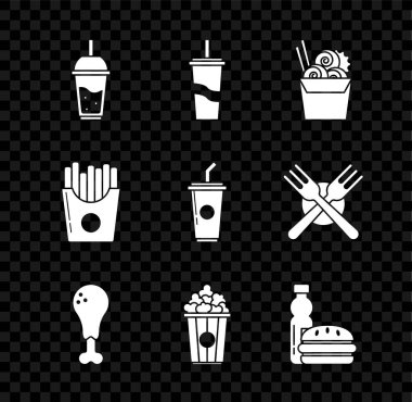 Bir bardak limonata, pipet, Asya eriştesi, karton çubuk, tavuk budu, patlamış mısır, karton, şişe burger, patates kızartması ve ikon. Vektör