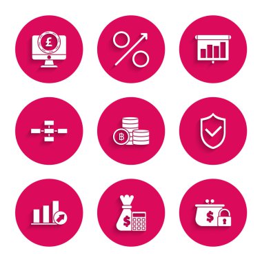 Kripto para birimini ayarla Bitcoin, program, grafik, diyagram, bilgi grafiği, turta grafiği, iş hiyerarşisi organogramı bilgi grafikleri, pano ve bilgisayar monitörü pound sterling simgesi simgesi simgesi. Vektör