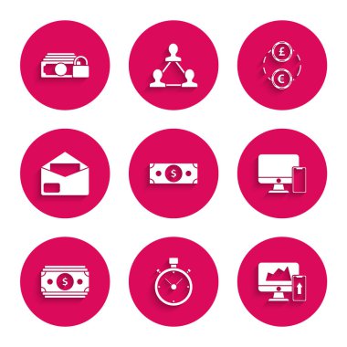 Stacks kağıt para nakit, Kronometre, Finansal şema veya bilgisayar monitörü ve cep telefonu, Bilgisayar, Zarf, Para Takası ve kilit simgesi ile grafiğini ayarlayın. Vektör