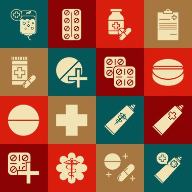 Krem tüpü ilacını, ilaç hapını, tableti, şişeyi ve hapları, serum torbasını ve ilaç paketini hazırlayın. Vektör