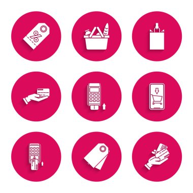 Pos terminalini yerleştirilmiş kredi kartı, boş etiket şablon fiyat etiketi, insan el ele tutuşması, cep telefonu alışveriş arabası, kağıt torba ve yüzde indirim simgesi ile ayarla. Vektör