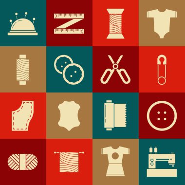 Dikiş makinesi, elbise düğmesi, klasik kapalı çelik güvenlik iğnesi, iplik makarası, iğne, iğne ve makas simgesi. Vektör