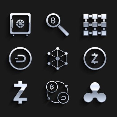 Blockchain teknolojisi, Kripto para değişimi, bozuk para dalgalanması XRP, Zcash ZEC, Dash ve Güvenli simge ayarla. Vektör