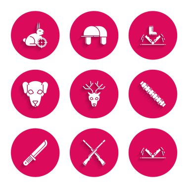 Boynuzlu geyik kafası, çapraz iki av tüfeği, av tüfeği kartuşları, avcı bıçağı, köpek ve tavşan hedef tahtası. Vektör