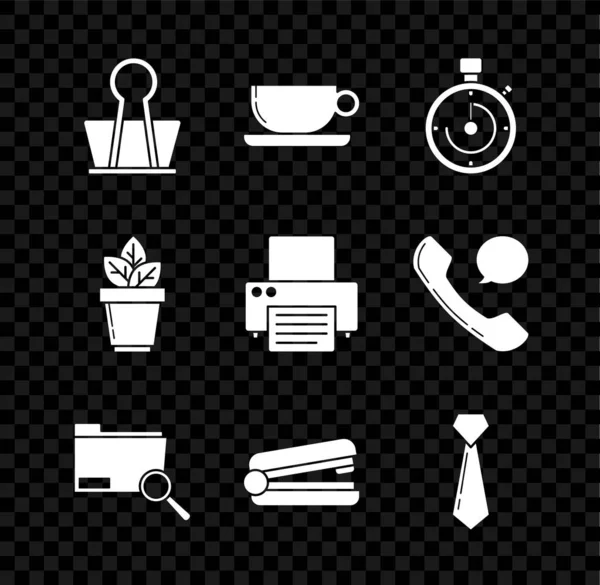 Set Binder clip, taza de café plana, maletín, concepto de búsqueda con carpeta, grapadora de oficina, lazo, maceta de flores e icono de la impresora. Vector — Vector de stock