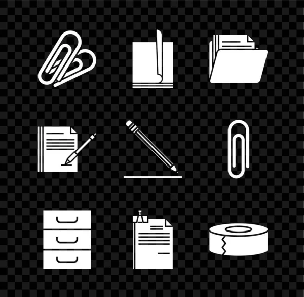 Papieren clip, Bestand document, Document map, lade met documenten, en bindmiddel, Scotch, Blank notebook pen en potlood gum lijn pictogram. Vector — Stockvector