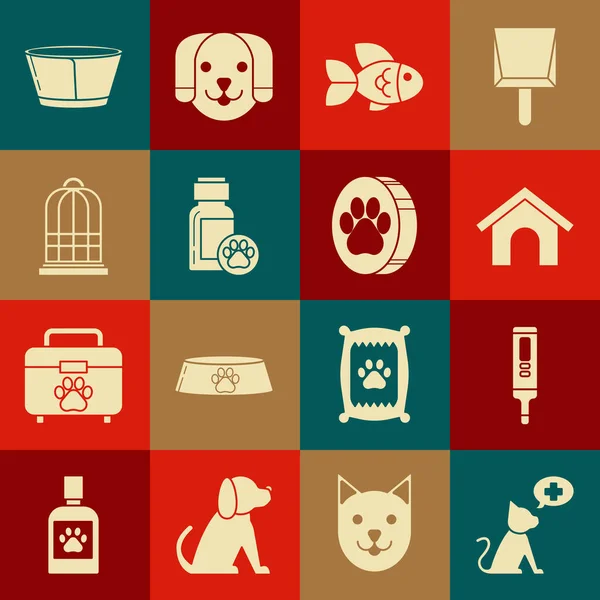 Σετ Κτηνιατρική κλινική σύμβολο, Ιατρική ψηφιακό θερμόμετρο, Dog house, ψάρια, μπουκάλι φάρμακο, κλουβί για τα πουλιά, Προστατευτικό κολάρο κώνου και Paw εικονίδιο εκτύπωσης. Διάνυσμα — Διανυσματικό Αρχείο