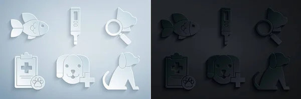 Set Veterinary clinic symbol, Appunti con cartella clinica animale domestico, Cane, Termometro digitale medico e icona di pesce. Vettore — Vettoriale Stock