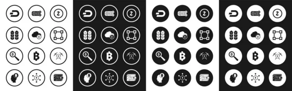 Ange Cryptocurrency mynt Zcash ZEC, cloud mining, Blockchain teknik, Dash, Mining gård, Crossed hacka och förstoringsglas med Bitcoin ikon. Vektor — Stock vektor