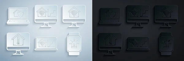 Сверху - "умный" дом с wi-fi, монитором, температурой в доме, "умными" часами и будильником и значком защиты. Вектор — стоковый вектор