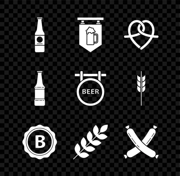 セットビールボトル、ビール、プレッツェル、ボトルキャップの碑文のガラスと街の看板、シリアルセット米、小麦、トウモロコシ、オート麦、ライ麦、大麦、クロスソーセージ、およびアイコン。ベクトル — ストックベクタ