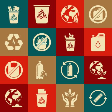 Bataryayı geri dönüşüm sembolü hattı, Dünya küresi ve bitkisi benzin, yaprak, çöp yok, geri dönüşüm kutusu ve ikon için ayarla. Vektör