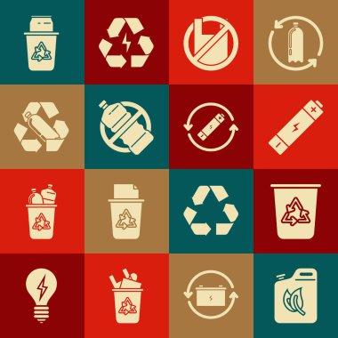 Biyolojik yakıt tüpünü geri dönüşüm sembollü geri dönüşüm kutusunu geri dönüşüm sembollü pili plastik poşet posterine şişe, geri dönüşüm ve çizgi simgesine hayır de. Vektör