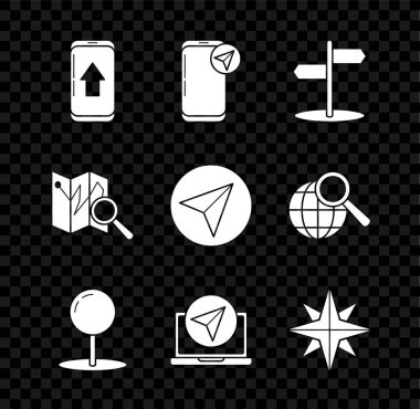 Şehir haritası navigasyon bilgisini, trafik işaretini, pin itme düğmesini, rüzgar gülünü konum işaretleyicisi ve kağıt uçak simgesiyle katlanmış olarak ayarla. Vektör