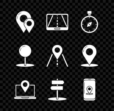 Harita şifresini, şehir haritası navigasyon bilgisini, pusulayı, konum işaretli dizüstü bilgisayarı, trafik işaretini, itme ve simgeyi ayarla. Vektör
