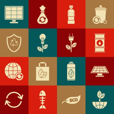 Dünya küresi ve yaprağını, güneş enerjisi panelini, yağ fıçısı hattını, bir şişe suyu, ampulü, kalkanın içindeki geri dönüşüm sembolünü ve elektrik prizi ikonunu ayarla. Vektör