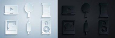 Rolling pin, dikiş ipliği, fotoğraf çerçeveleri, müzik seti hoparlörü, masa tenisi oynamak için raket ve çevrimiçi video simgesi. Vektör