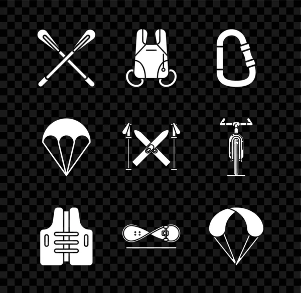 Çapraz raket, paraşüt, karabina, can yeleği, kaykay numarası ve kayak ve sopa ikonu. Vektör — Stok Vektör