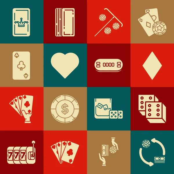 Встановити чипи казино обмінюються на столи в доларах, гральні кості, гральні карти з діамантовим символом, Stick за, серце, клуби, Джокер грає і ікону в покер. Вектор — стоковий вектор
