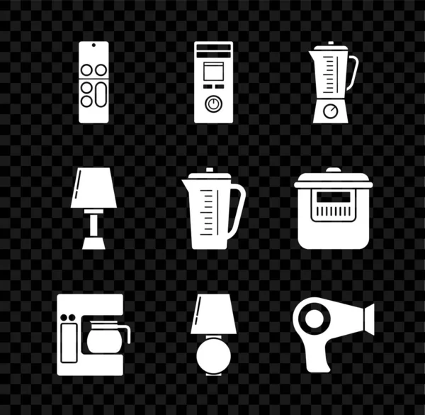 Nastavit dálkové ovládání, mixér, kávovar se skleněnou konvicí, stolní lampa, vysoušeč vlasů, a Měřící pohár ikona. Vektor — Stockový vektor