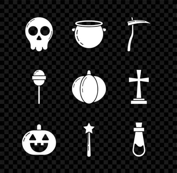 Set Skull, Halloween witch cauldron, Scythe, Pumpkin, Magic wand, Bottle with potion, Lollipop and icon. Vector — Stock Vector