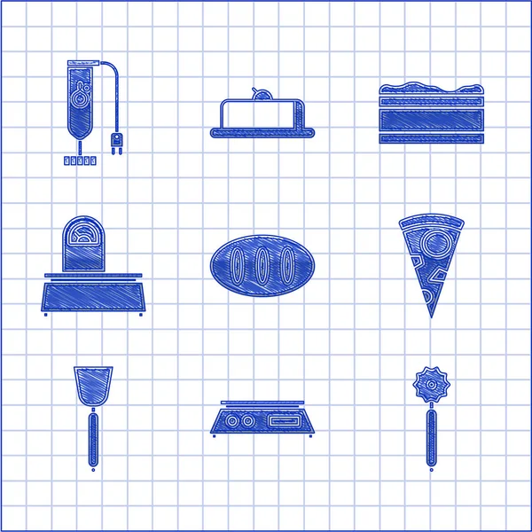 Broodbrood, elektronische weegschalen, pizza mes, plak pizza, spatel, schalen, brownie chocoladetaart en Blender icoon. Vector — Stockvector