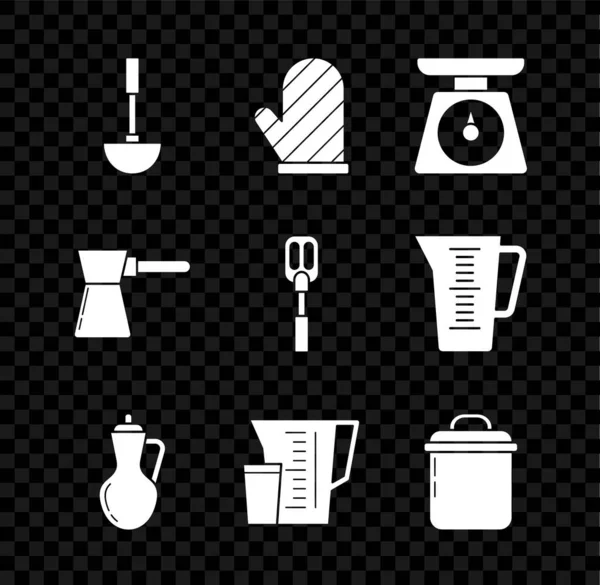 Комплект Кухонный ковш, Духовка перчатка, Весы, Бутылка оливкового масла, Измерительная чашка, Кулинарный горшок, Кофе Тёрк и икона лопатки. Вектор — стоковый вектор