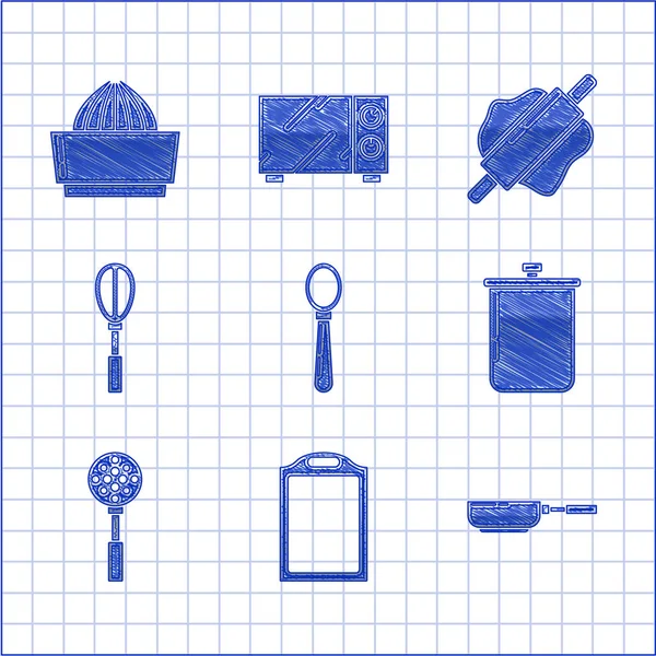 Set cuillère, planche à découper, poêle, casserole, spatule, fouet de cuisine, rouleau à pâtisserie et agrumes icône presse-agrumes. Vecteur — Image vectorielle